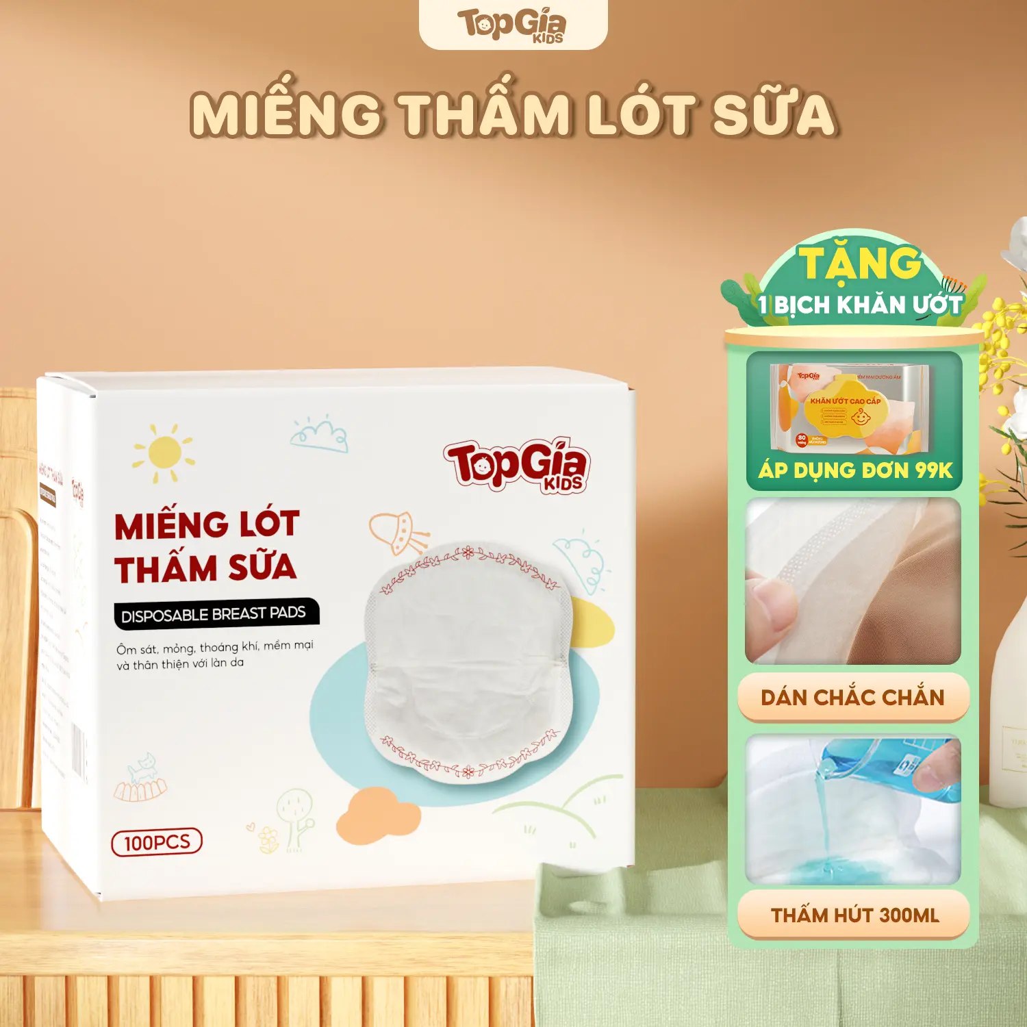 Miếng lót thấm hút sữa TopGiaKids chống tràn tối đa tiện ích, từ sợi organic an toàn lành tính, hộp 100psc cho mẹ