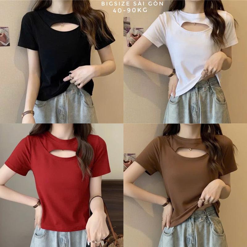  Áo Thun Nữ Tay Ngắn Phối Cổ Tròn Khoét Ngực Vải Thun RuBy Mềm Mịn Dày Dặn Cao Cấp Thanh Lịch Bigsize 45–90kg Béo Xinh Shop - A.1658 