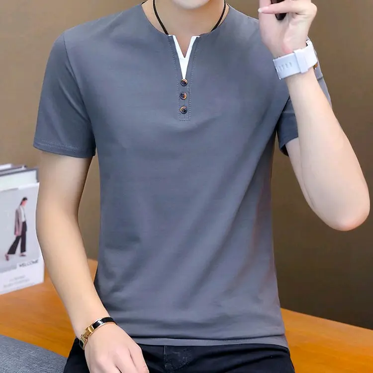 Kaos V-Neck pria Variasi Kancing/Kaos Distro Polos Pria/Baju Pria Keren Abu Combed 1