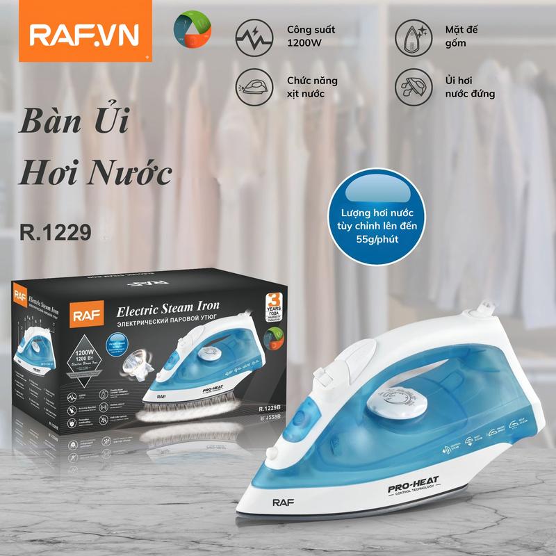 Bàn Ủi Hơi Nước Cầm Tay RAF - R1229 Bàn Là Ủi Công Suất 1200W Làm Nóng Nhanh, 3 Mức Nhiệt Cao Cấp, Mặt Đế Gốm Teflon Chống Dính