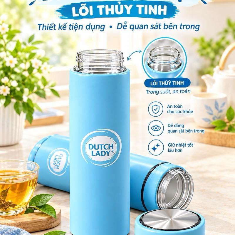 Bình nước giữ nhiệt Dutch Lady chất liệu cao cấp lõi thuỷ tinh - Thiết kế hiện đại, màu xanh dương