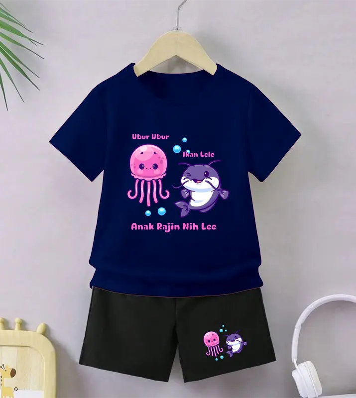 Luwi Kids Setelan Anak Celana Hitam Cewek Cowok Gambar Ubur Ubur Ikan Lele Celana Fashion set Baju 6