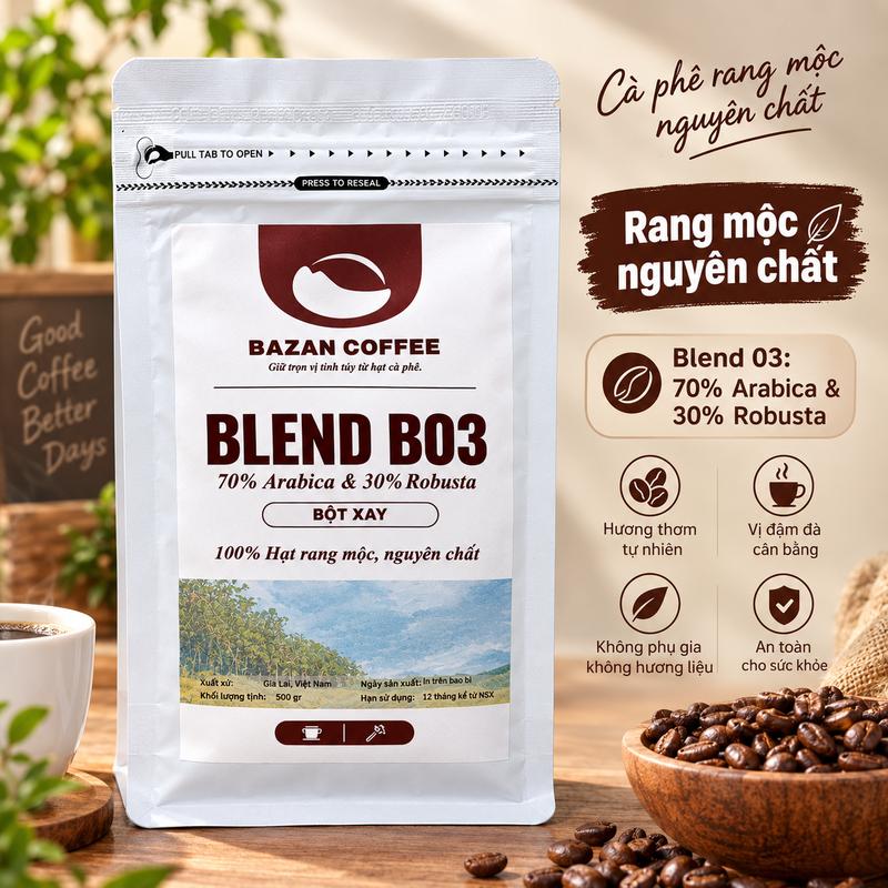 Cà Phê Blend 03: 70% Arabica + 30% Robusta - Rang Mộc Nguyên Chất 100% - Bazan coffee