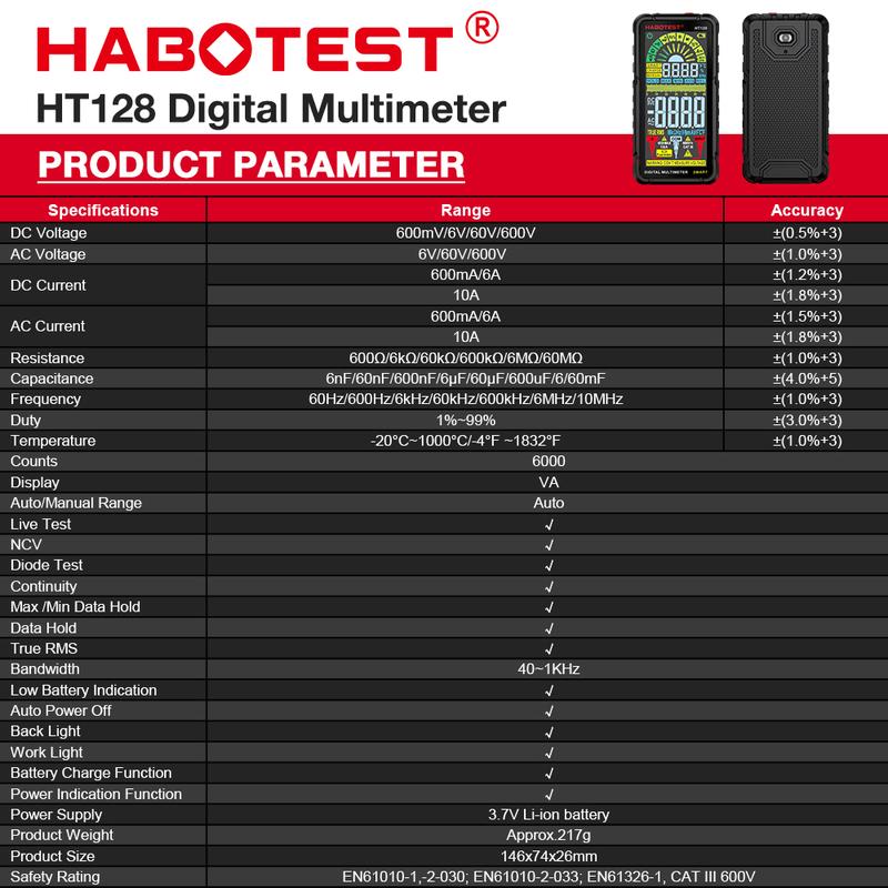 Product Introduction of HABOTEST HT128 Smart Digital Multimeter Rechargeable Non-Contact Touch Screen Multimetro Tester transistor 6000 Counts True RMS NCV Auto Range DC/AC Voltmeter 34