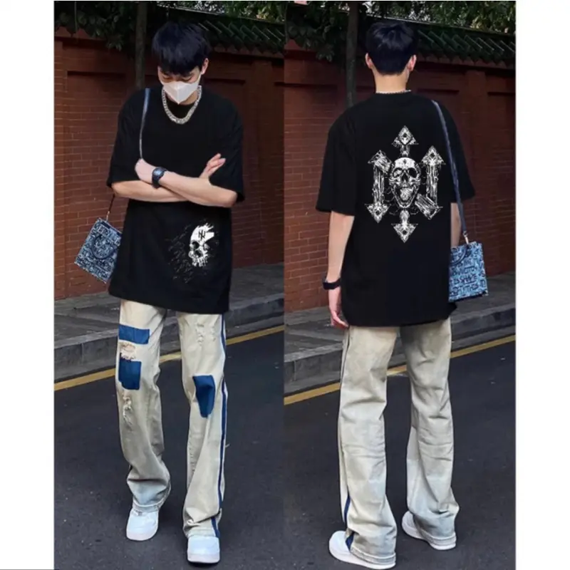 【100% Katun 20s】Skeleton T-shirt Atasan Baju Kaos Oversize Pria Hitam Dewasa Distro Lengan Pendek Keren Premium Street Style Round Neck C084 Motif Cowok Santai 0