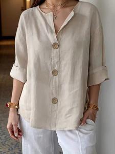 Blusa de lino para talla grande, color sólido con botones, ajuste holgado casual; ropa Y2K para verano; tops minimalistas y modernos; conjuntos cómodos con ajuste relajado; atuendos elegantes con detalles sólidos para fiestas.