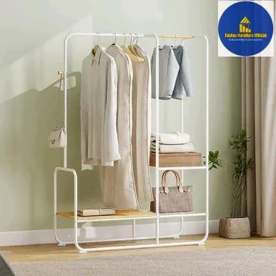 Rak Gantungan Pakaian Besi Standing Double Dengan Ambalan Bambu Modern 104x40x160 cm - Putih/Cokelat Original