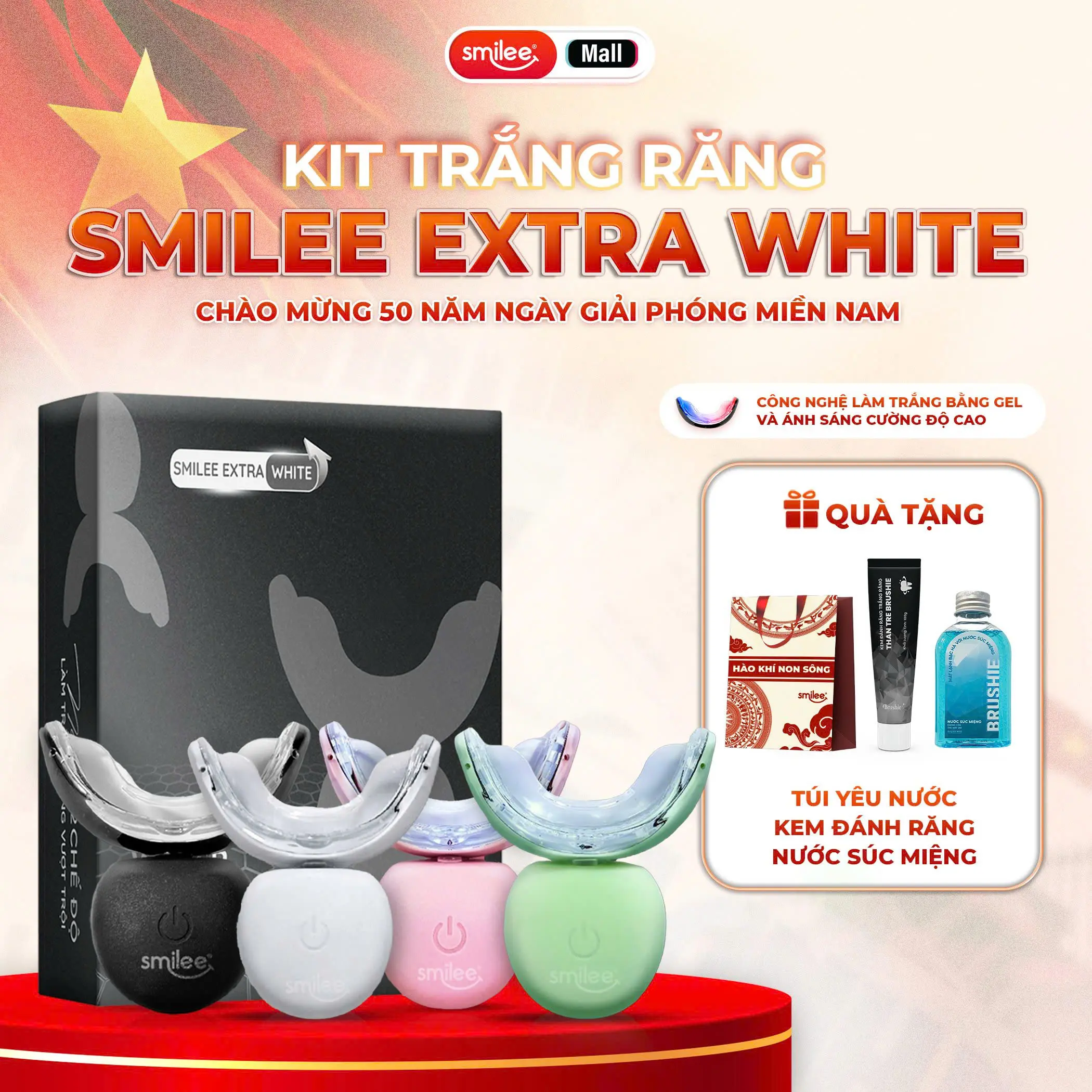 [SALE TO NHẤT THÁNG 5/5] Bộ kit làm trắng răng tại nhà Smilee Extra White - Bảo hành 12 tháng - Hàng chính hãng - Tặng Túi kháng chiến, kem đánh răng, nước súc miệng