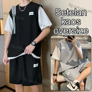 Baju setelan pria 2024 korean style kaos oversize+celana pendek ootd one set pria hitam abu M-XXXL Polos Dewasa Katun Casual Cowok Combed Distro Santai Keren Putih Atasan Panjang setelan starboy pria