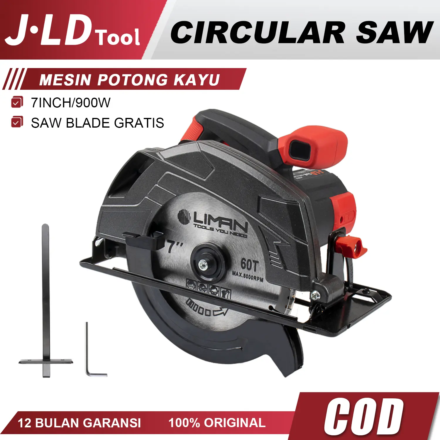 JLD Mesin Potong Kayu Sirkel Listrik 7inch 900W Circular Saw J1853 dengan Motor 900W & Panduan Terintegrasi Garansi 12 Bulan