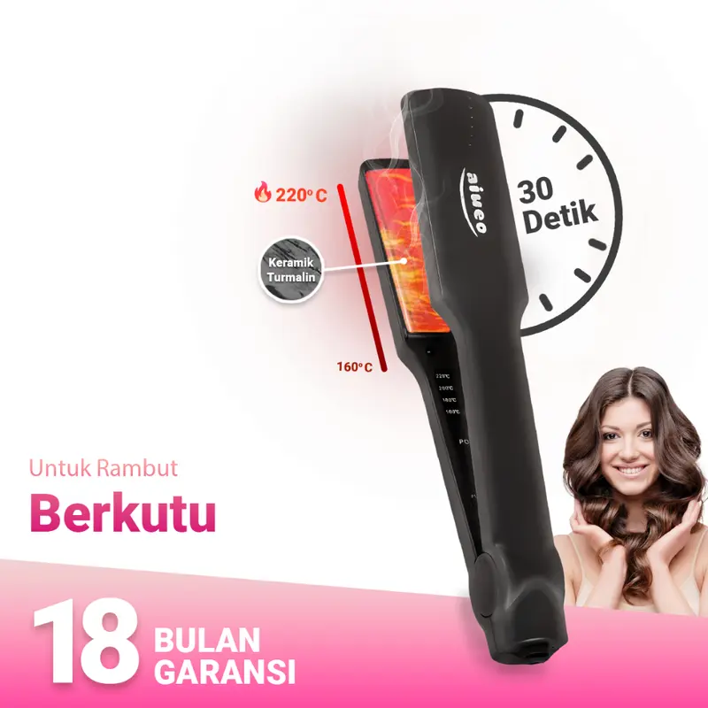 AIUEO Catokan Rambut Nara 329 Catok Rambut 2 in 1 Meluruskan dan Keriting Rambut Plat Lebar Warna Hitam 0