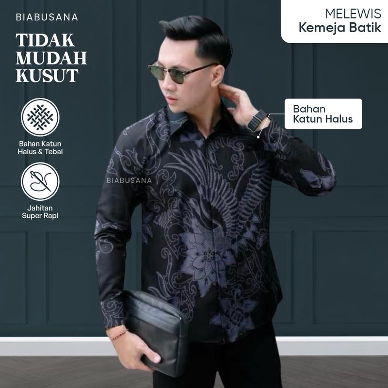 MELEWIS HITAM Kemeja Batik Pria Lengan Panjang Warna Hitam Full Furing Katun Slimfit 1