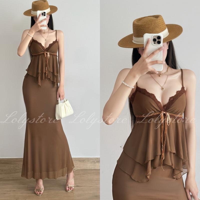 Đầm body nữ áo 2 dây phối ren nơ chân váy đuôi cá nữ tính sang chảnh Lolystore Dress Woman HL297