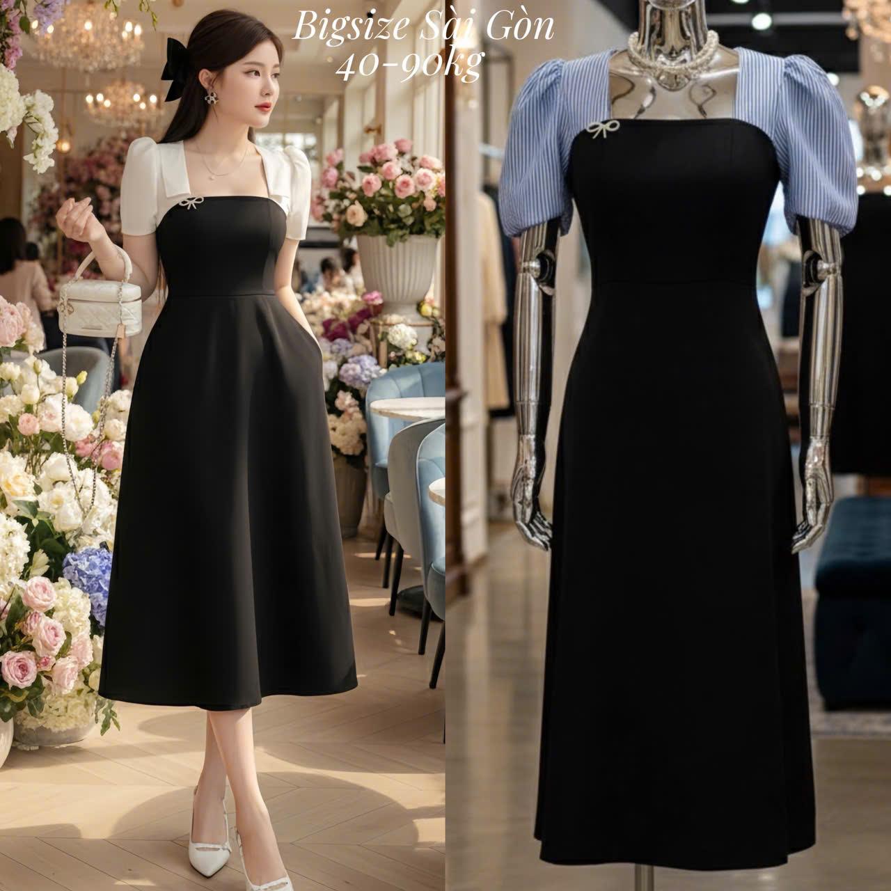 Váy Dự Tiệc Cổ Vuông Vải Cotton Lạnh Phối Lụa 50 - 100Kg Thời Trang Nữ - B.1376