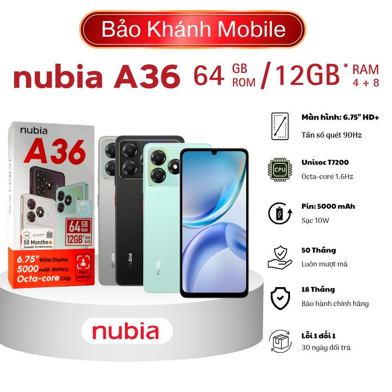 A36 Nubia A36 màn lớn trải nghiệm mượt mà, pin khủng 5000mAh giải trí thoải mái, điện thoại nguyên seal full box, RAM 12GB (4+8), 64GB