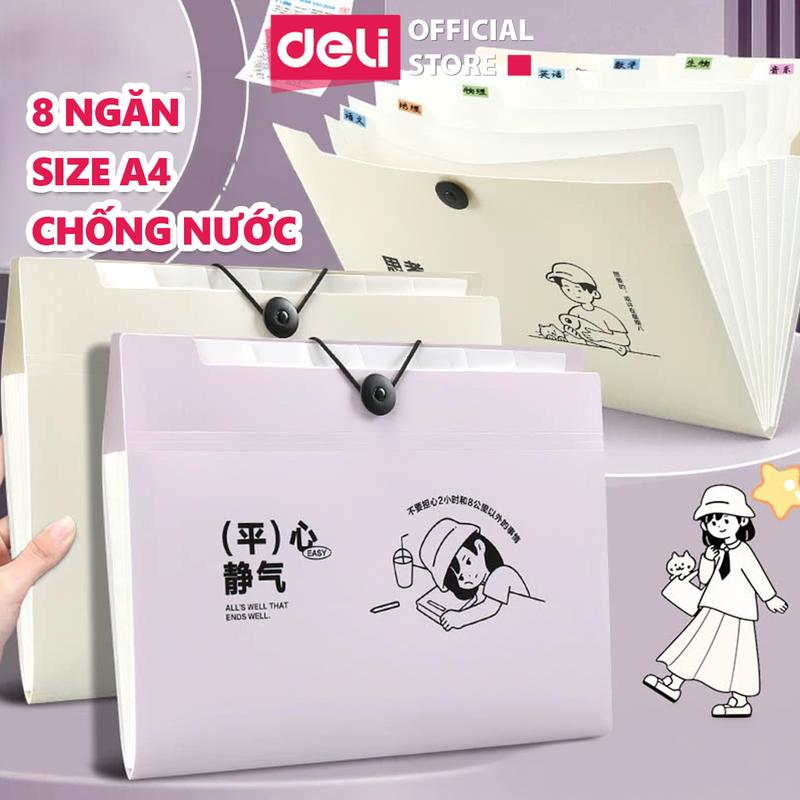  Túi đựng tài liệu 8 ngăn Deli - Cặp đựng tài liệu A4 chống nước đựng giữ giấy tờ bìa hồ sơ an toàn học sinh văn phòng 
