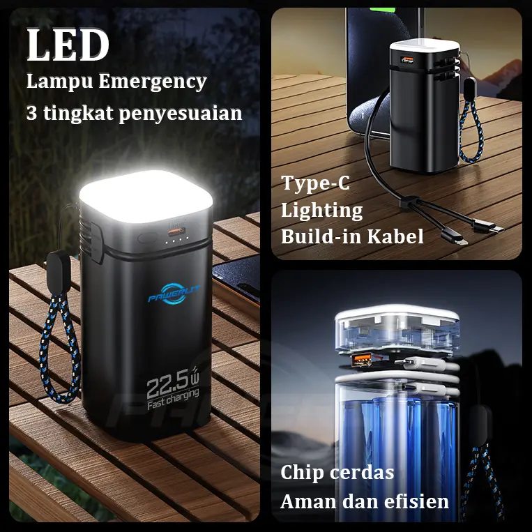 PAWERLIT Powerbank 50000mah Fast Charging Power Bank Type-C Kabel 22.5W PD20W Lampu Emergency Senter LED 1