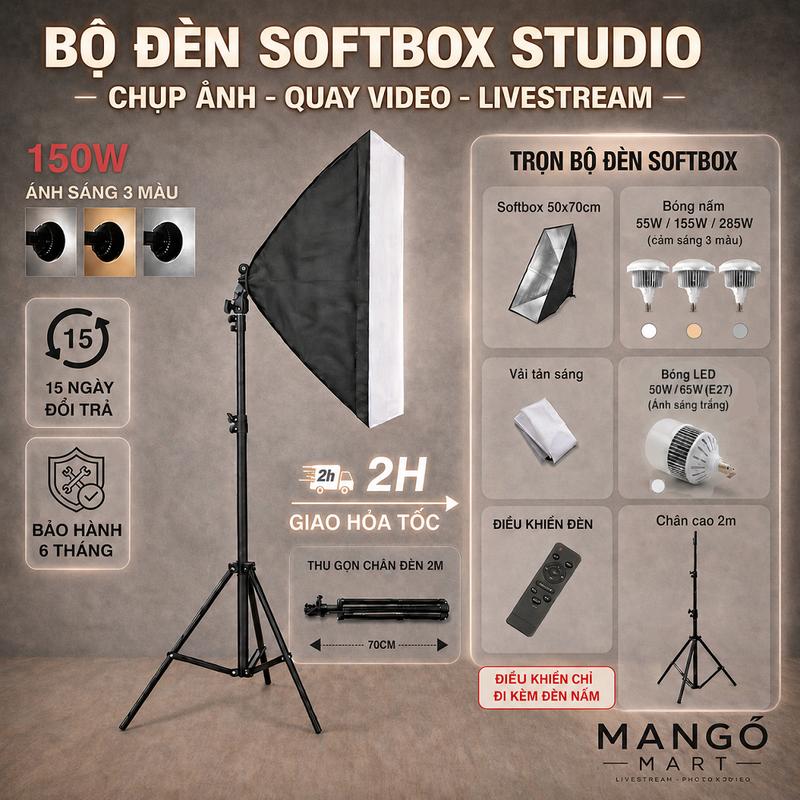 TOP Bộ KIT Studio Chụp Ảnh Sản Phẩm Chân Đèn 2m Kèm Softbox 50x70 cm Hỗ Trợ…