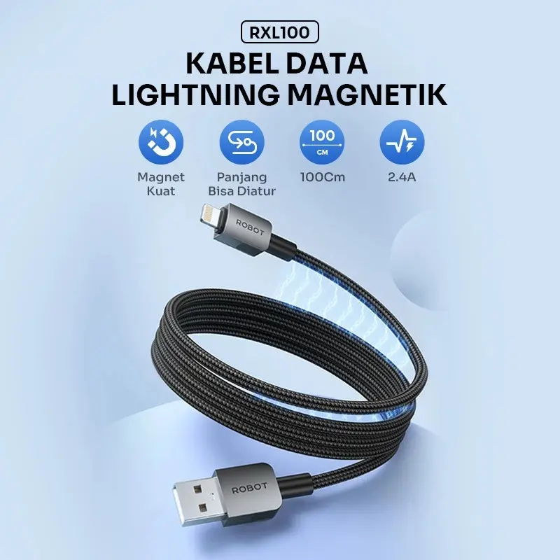 ROBOT Kabel Data Magnetik 1M Type C Micro USB Lighting Anti Kusut Data Cable RXM100/RXL100/RXC 100/RXCC100/RXCL100 Original- Garansi 1 Tahun- BISA COD 6