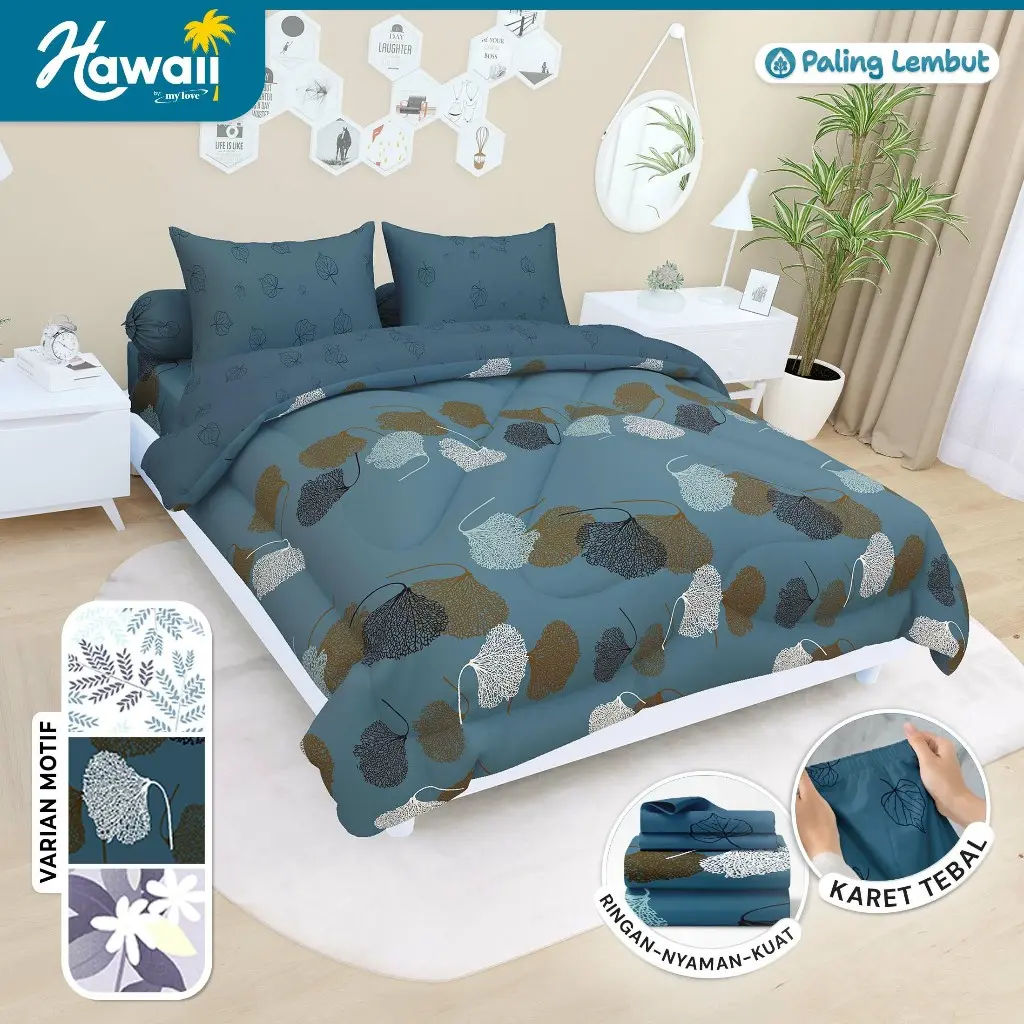 HAWAII Bedcover set Sprei King Fitted Motif Ukuran 180x200 Sprei Bed Sheet No 1 Bantal Kain Sarung