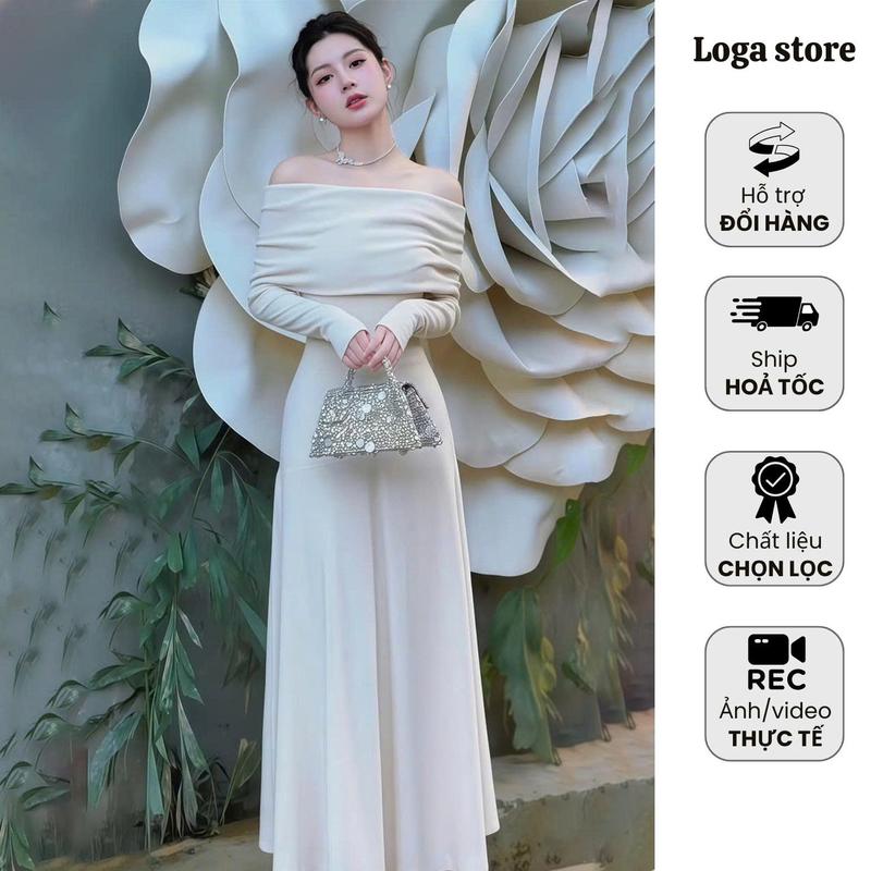  Đầm trễ vai dự tiệc dài tay dáng dài màu kem vải nhung tăm váy body trễ vai màu kem dài tay tiểu thư đầm dự tiệc Loga store_L0329 
