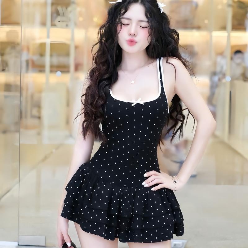 Đầm Body Gân Hai Dây Bản Nhỏ Chấm Bi , Váy Ngắn Xoè Tầng Kèm Quần Xinh Xắn Dễ Thương Cho Nàng Đi Chơi Dự Tiệc Du Lịch