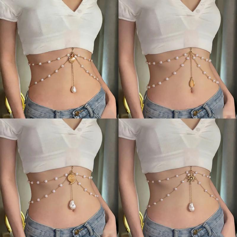 Boho dây chuyền vòng eo bằng ngọc trai bụng có lớp vàng cơ thể bãi biển chuỗi…