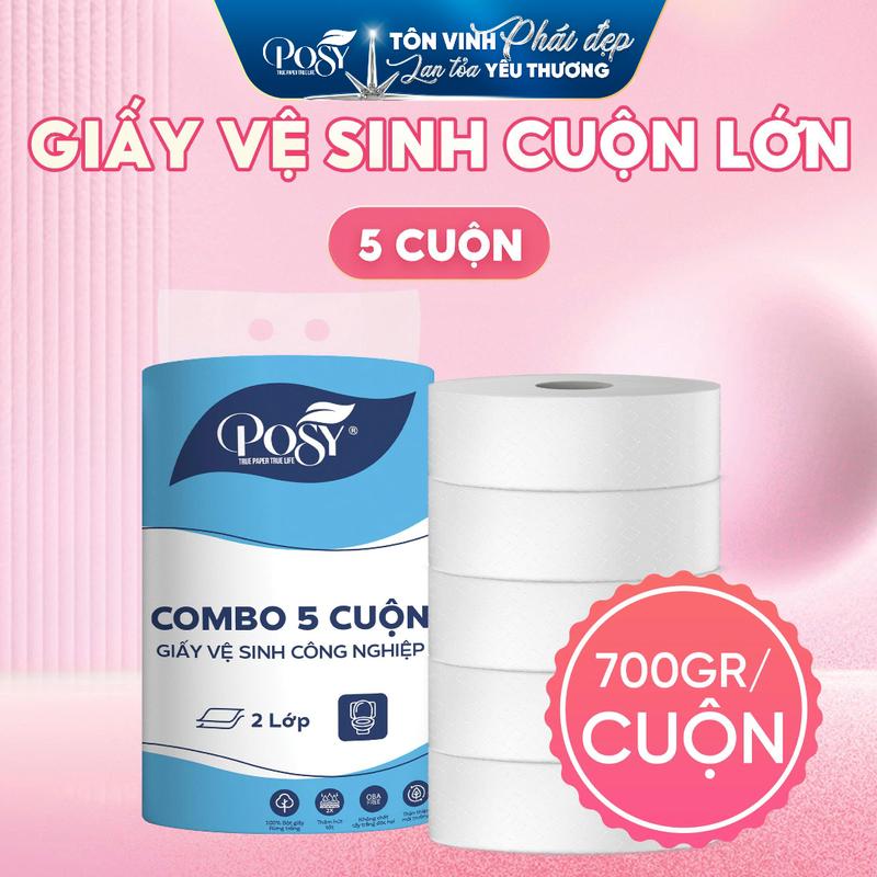 POSY | COMBO 5 CUỘN  Giấy vệ sinh cuộn lớn 700gr - 2 lớp, tiết kiệm, tiện dụng cho gia đình & nhà hàng, văn phòng