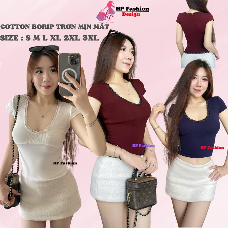 Áo thun body viền ren tay siêu ngắn tôn vòng 1, áo nữ kiểu nữ basic vải thun cotton borip trơn co giãn 4 chều thoáng mát thấm hút mồ hôi size S M L Xl XXL  có bigsize mùa hè HP45