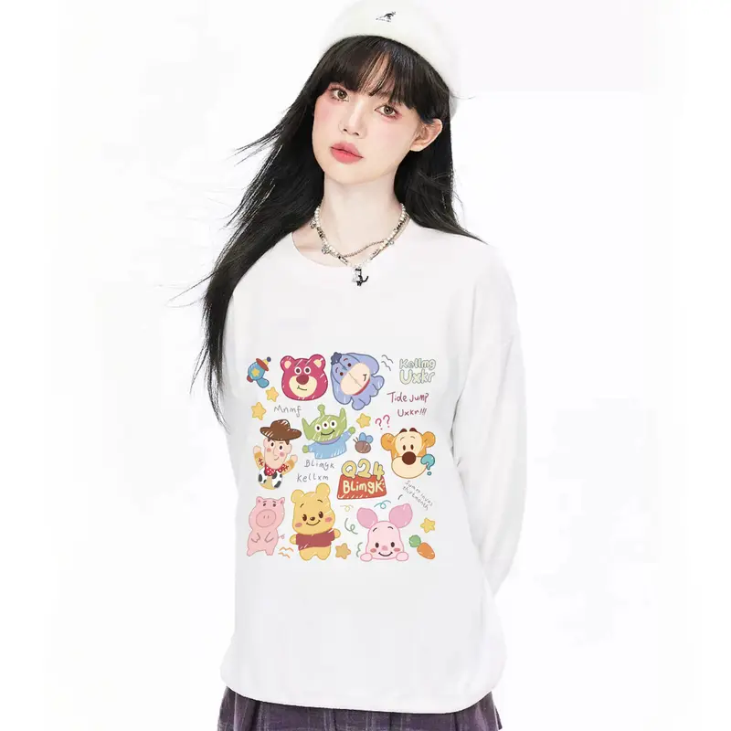 Sweter longgar kebesaran pola kartun atasan katun kasual lengan panjang untuk wanita 2