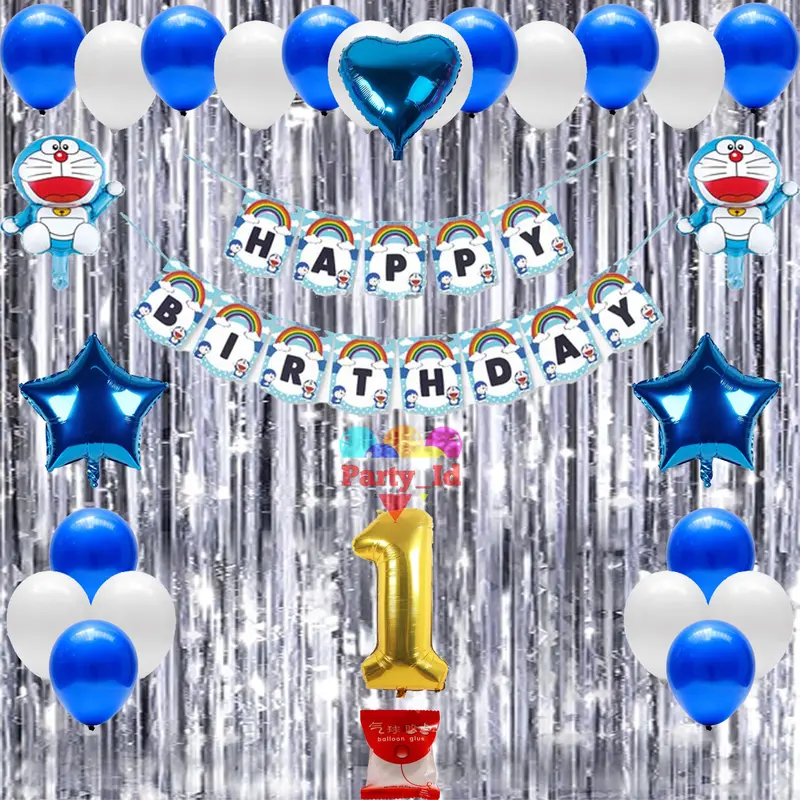 Paket Lengkap Dekorasi Baner Happy Brithday Karakter Doraemon Dan Balon Foil Mini - Untuk Dekorasi Ulang Tahun Biru Putih banners 2