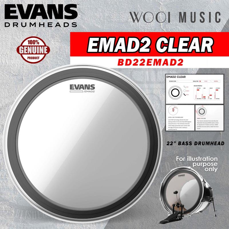 Peau Grosse Caisse Evans BD20EMAD2 EMAD2 20" Transparent - Système Atténuation Réglable
