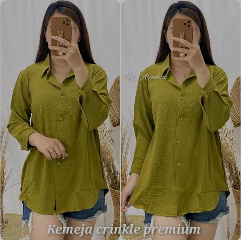 KEMEJA OVAL WANITA LENGEN PANJANG Polos Crinkle Baju Atasan Kerja Basic Casual Santai Kancing Oversize Simple 1