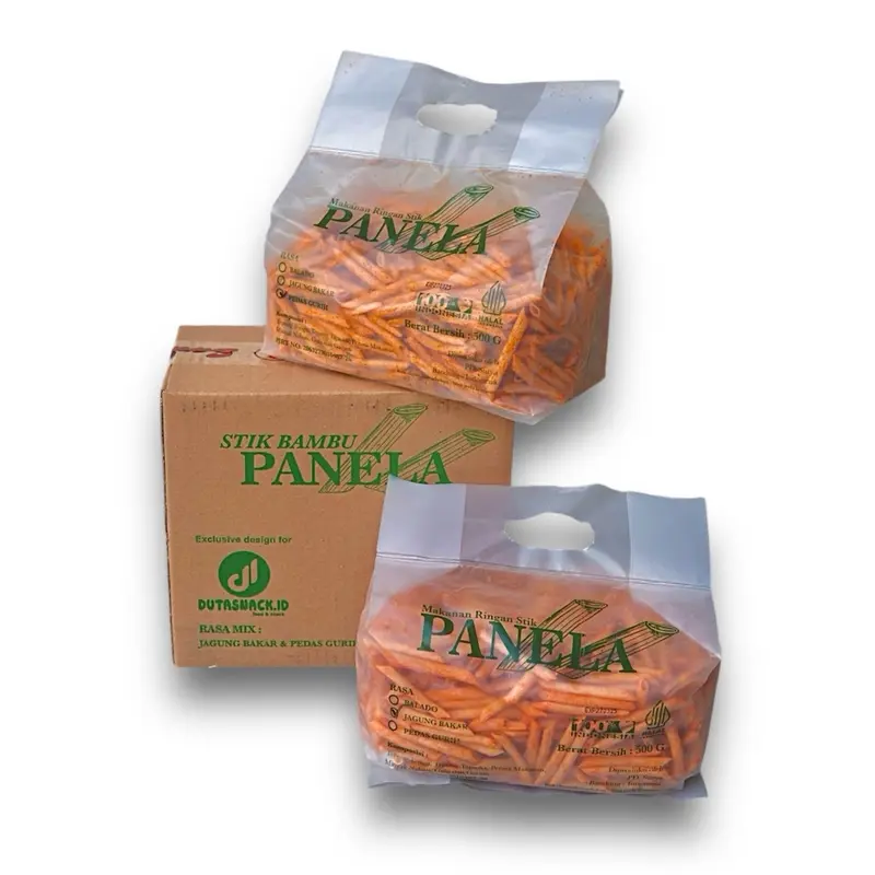 1 KARTON snack PANELA STIK jagung BENTUK BAMBU isi 2 kantong total 1kg - pedas gurih - 2 rasa mix   Jagung 1