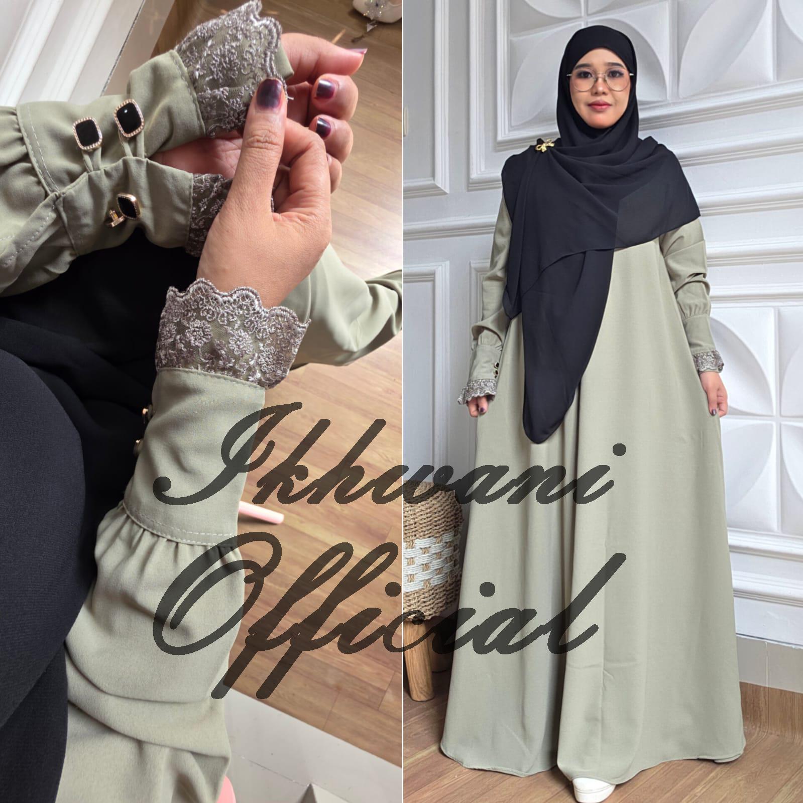 Abaya YASMIN NUA Ikhwani tangan kancing variasi renda Abaya umroh haji muslimah syar'i