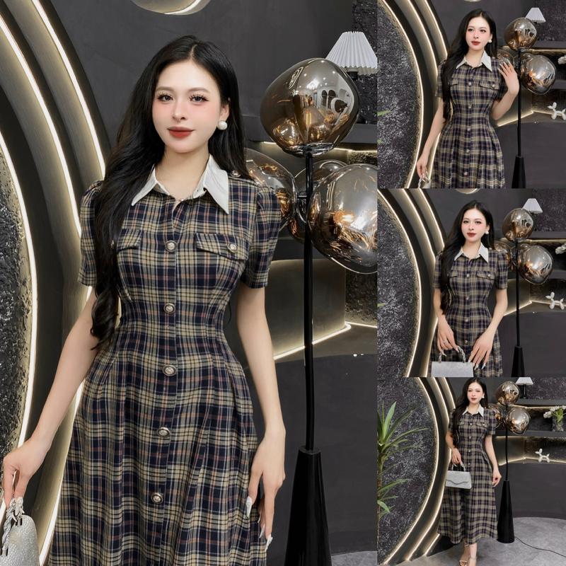 EV65 - Váy Thiết Kế Evii dành cho nữ, Đầm thiết kế kẻ cổ đức, có nắp túi trước ngực tạo điểm nhấn, dáng A xòe dài phù hợp đi làm, đi chơi và đi dự tiệc. Có Bigsize Women Dress