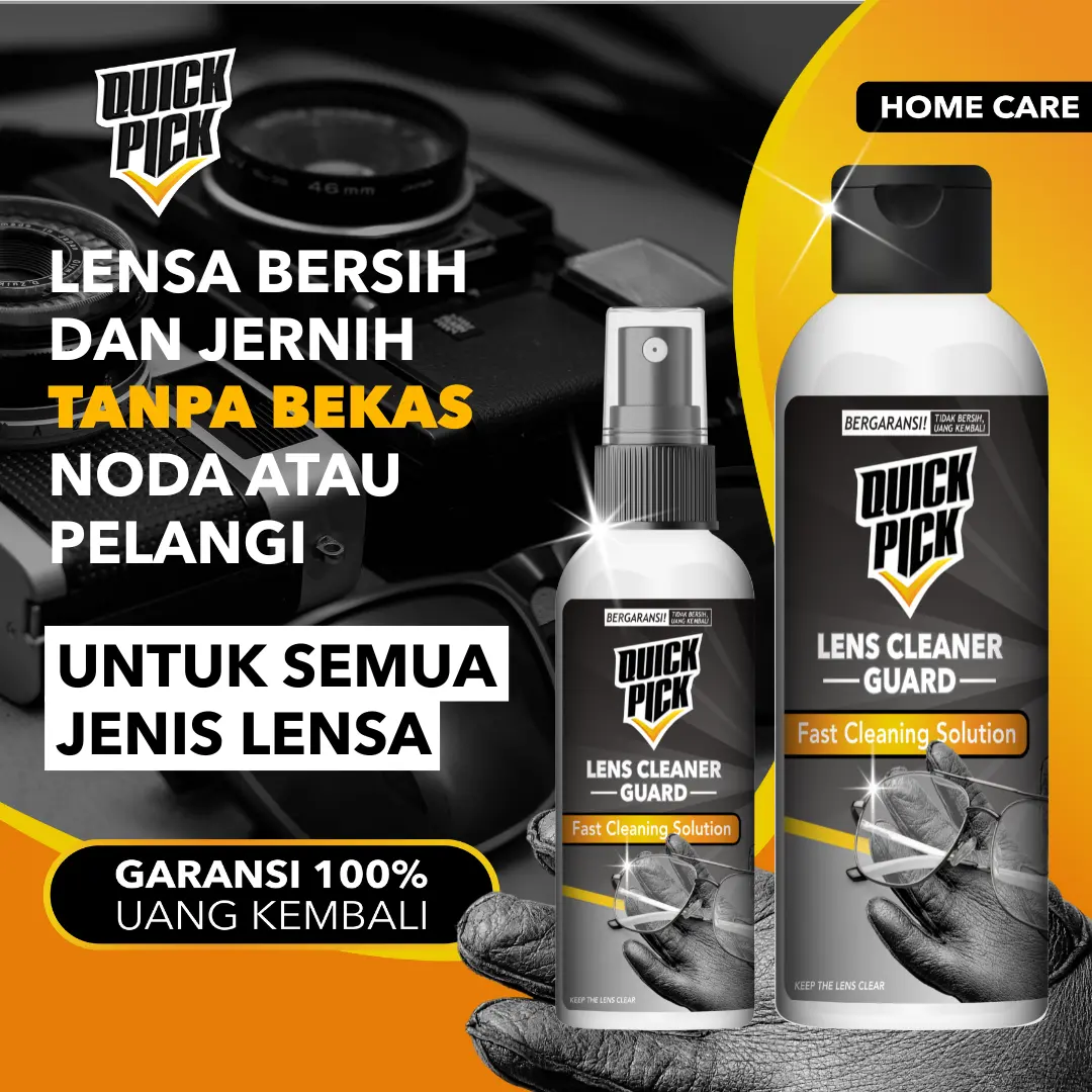 LENS CLEANER SPRAY QUICKPICK (FREE MICROFIBER) Cairan Pembersih Lensa Kacamata Kamera Jernih Tanpa Bekas Noda dan Pelangi 60ML 100ML Semprotan Penghilang Debu & Goresan Serbaguna Ampuh untuk Camera Layar Monitor Gadget Hp Handphone Helm Not Wiselie Zeiss