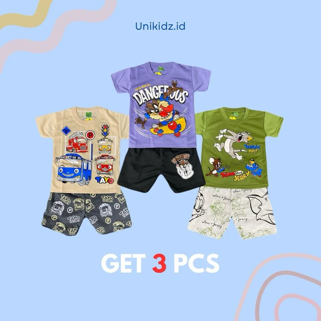 Unikidz 02 | Paket 3 Setelan Anak Premium MOTIF dan WARNA RANDOM