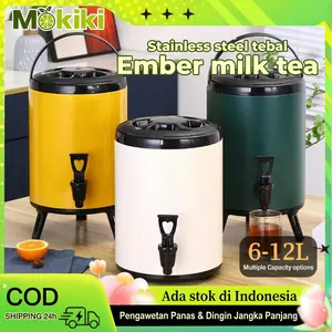 Mokiki Dispenser Teh Stainless Steel 6–14L dengan Keran & Tutup Termos Air Panas/Dingin untuk Usaha Bahan Stainless Steel Kapasitas 6–14L Cocok untuk Rumah dan Komersial