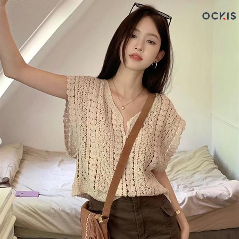 Áo Khoác Dệt Kim Quyến Rũ, OCKIS, Với Chi Tiết Khoen, Áo Len Cổ Chữ V Phong Cách Hàn Quốc, Dành Cho Nữ, [Thanh Toán Khi Nhận Hàng] 2