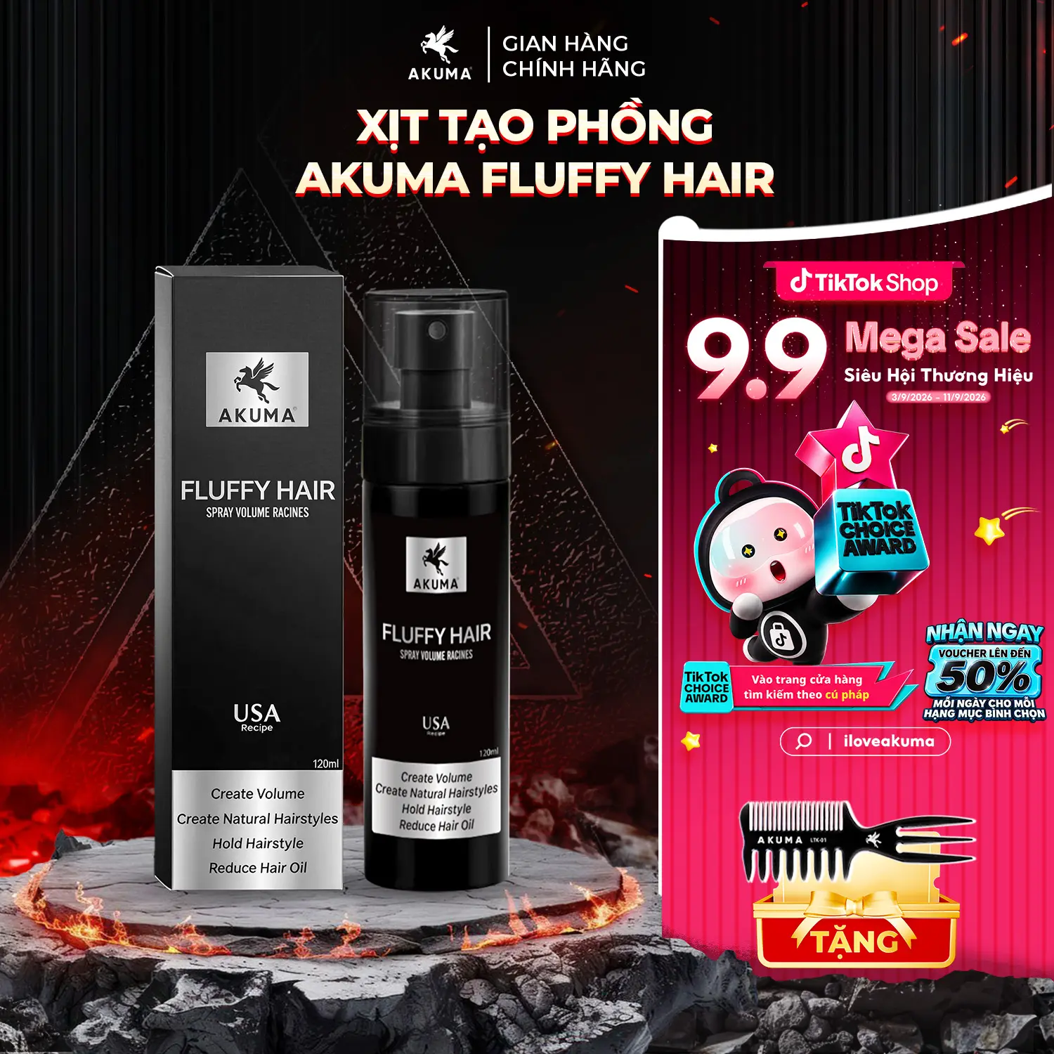 Xịt Tạo Phồng Tóc AKUMA Fluffy Hair 120ml - Tạo Độ Phồng, Kiểm Soát Dầu, Giảm Bết, Thích Hợp Cho Mọi Kiểu Tóc.