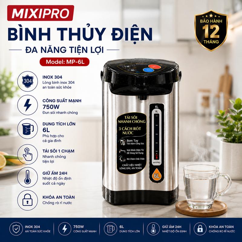 Bình Thủy Điện MIXIPRO 6L Lòng Inox 304, Bình Đun Nước Giữ Nhiệt, 3 Cách Lấy Nước, Dung Tích Lớn Tiện Dụng
