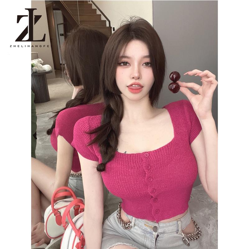 Áo Croptop Dệt Kim Tay Ngắn Cổ Vuông Phong Cách Quyến Rũ Cho Nữ