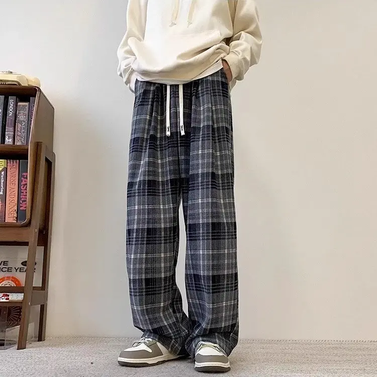 Celana Chinos Panjang Pria Gombrong Casual Kotak-Kotak Korean Style Tartan Santai - Cotton Poliester - Remaja Dewasa - Abu-abu - Ukuran S-5XL - Cowok baggy pants loose fit