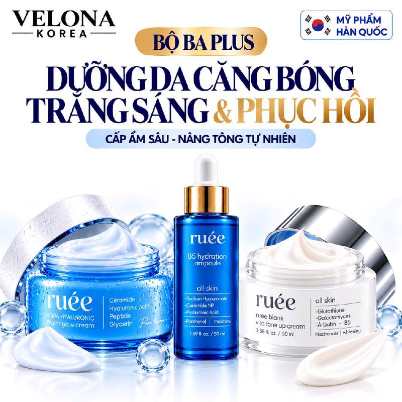 Bộ Ba Plus Hàn Quốc Dưỡng Da Căng Bóng Trắng Sáng & Phục Hồi Da - Kem Aqua Hyaluronic & Blanc Peau Vita Tone Up - Cấp Ẩm Sâu Nâng Tông Tự Nhiên - Serum B5 Hydration Ampoule