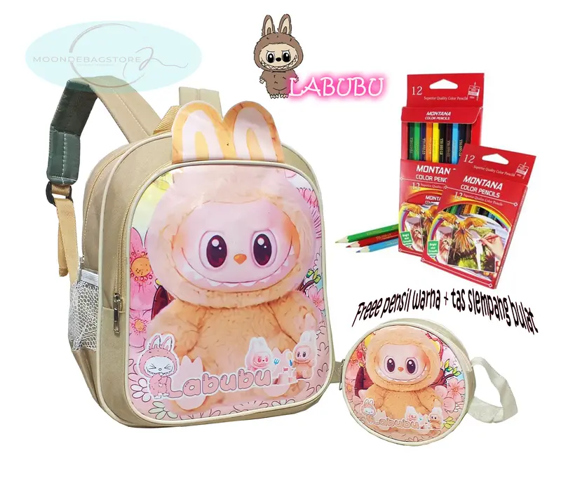Tas Ransel LABUBU Tas Anak perempuan Sekolah PAUD TK SD  Fashion Tas Ransel 2 in 1  Karakter LABUBU FREE Tas Slempang Bulat 1