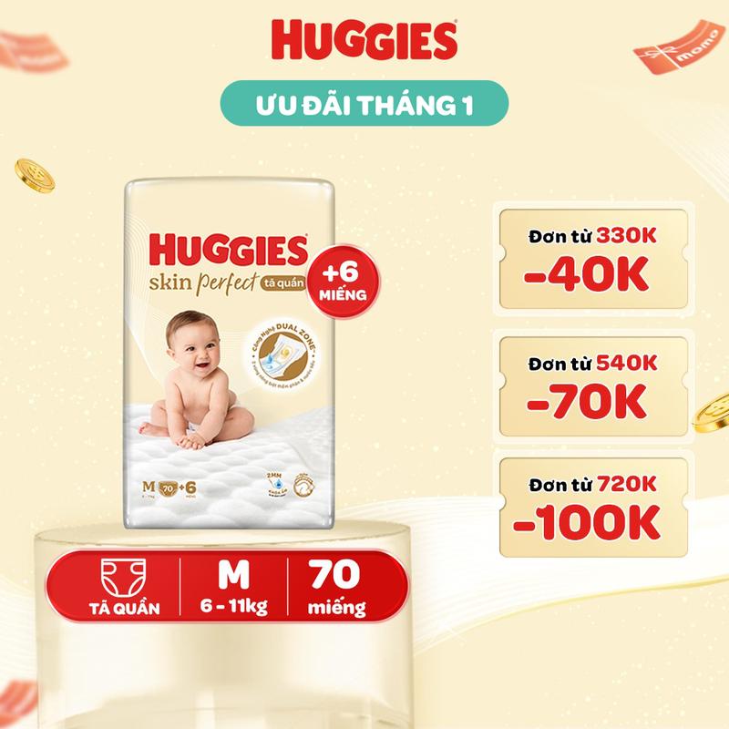 Tã Bỉm quần Huggies Skin Perfect Super Jumbo với 2 vùng thấm giảm kích ứng da Size M70+6 L60+6 XL52+6 XXL48+6