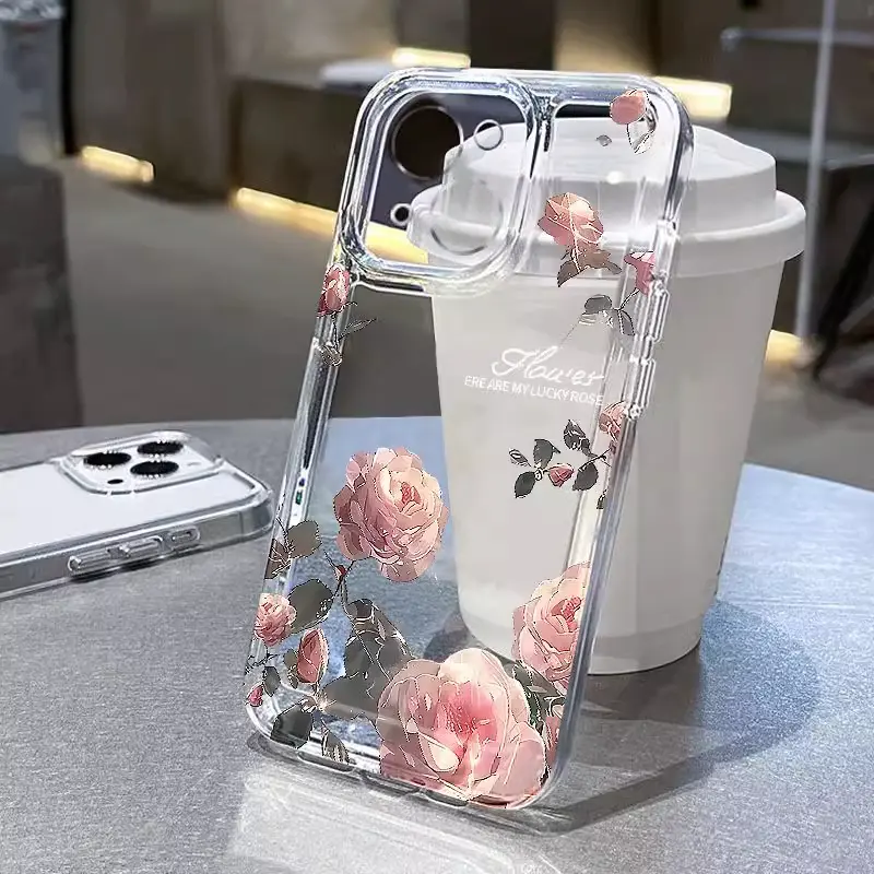 Casing Silkon TPU Mawar pink untuk iPhone 13/15 pro max 14/Xsmax/R dengan 12/11 Film Lensa Bawaan - romantis dan indah - Ponsel BF Silicone Cover
