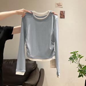 Women's Two-Piece Round Neck Long Sleeve Inner Layer Top, Fall Fashion Slim Fit Casual Shirt for Small Stature, Comfortable Daily Wear 7547# Womenswear Tshirt