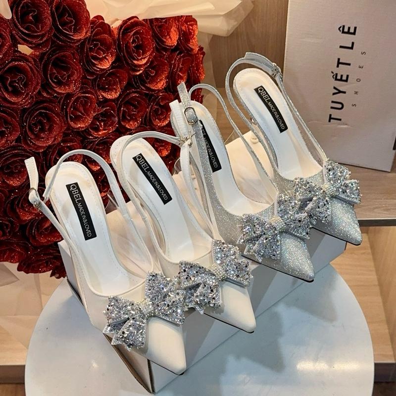 Sục hậu kim sa Thiết kế nơ Đá Xoàn - TL06- Giày cưới quai hậu Bling gót 9p